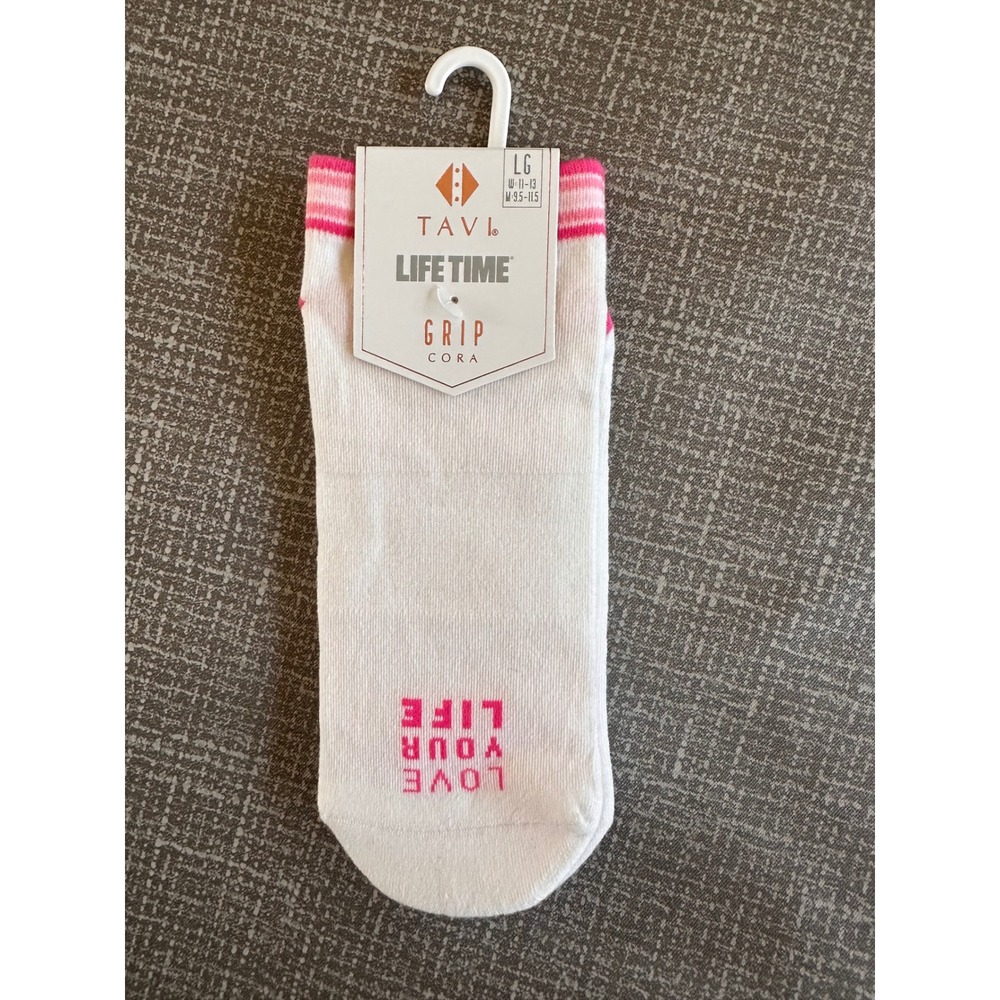 Tavi Cora Grip Socks Lifetime White Pink Love Your Life Organic Cotton Large